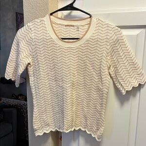 Elie Tahari Cream and Tan Chevron Knit Short Sleeve Top
